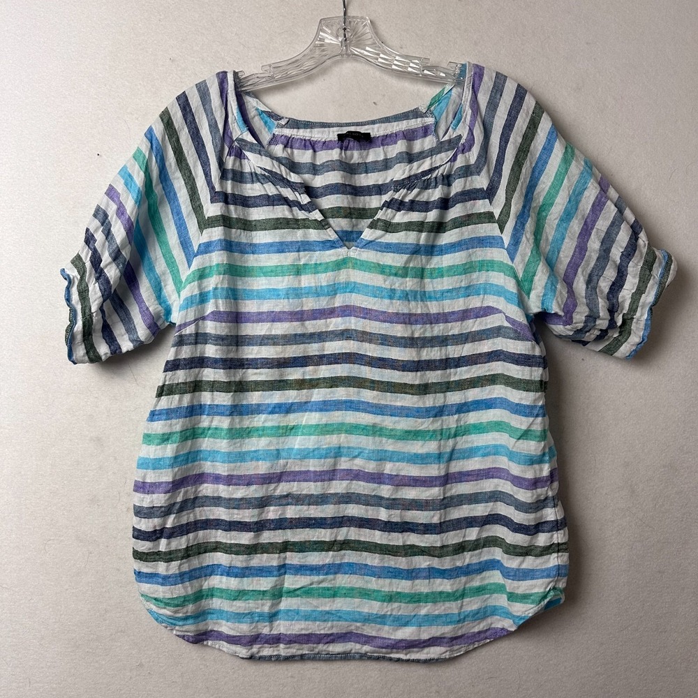 Talbots Womens Medium Linen Blouse Multi Color Striped Split V-Neck Short Sleeve
